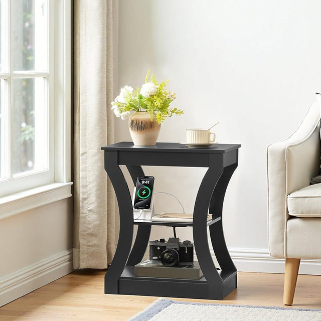 MAHANCRIS Black End Table with Charging Station, Skinny Side Table with USB Ports and Outlets, Nightstand, 3 Tier Bedside Table with Storage Shelf for Living Room, Bedroom, Small Space ETBK53E01