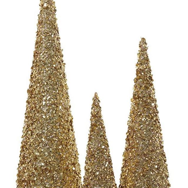 Set of 3 Sparkling Gold Jeweled, Pearl and Glitter Christmas Cone Trees- 12, 17.5 and 24 Inches High