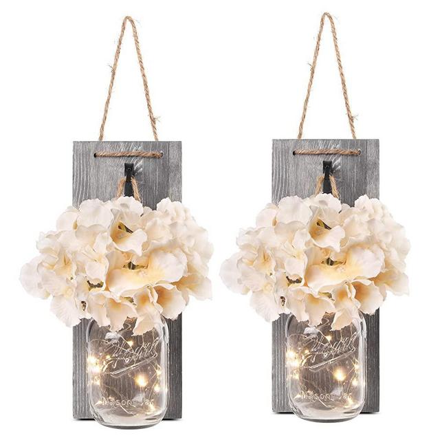 Besuerte Rustic Wooden Wall Hanging Decor with LED String Lights for Modern Living Room and Bedroom, Inspirational Country Style Vintage Wall Decoration Art, 6 Hour Timer Set of 2 Grey