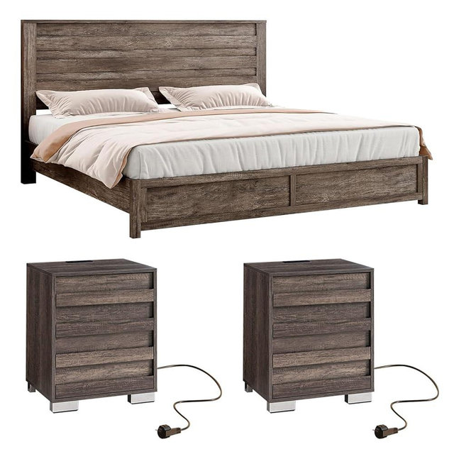 LUXOAK 3 Pcs Bedroom Furniture Sets,Includes Farmhouse King Size Bed Frame with 49" Tall Headboard and Nightstand Sets of 2 with Charging Station, Slated Handles & Stainless Steel Feet, Rustic Grey