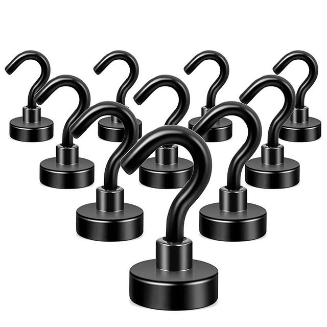 Neosmuk Black Magnetic Hooks, 28 lb+ Heavy Duty Earth Magnets with Hook for Refrigerator, Extra Strong Cruise Hook for Hanging, Magnetic Hanger for Curtain, Grill (Black, Pack of 10)