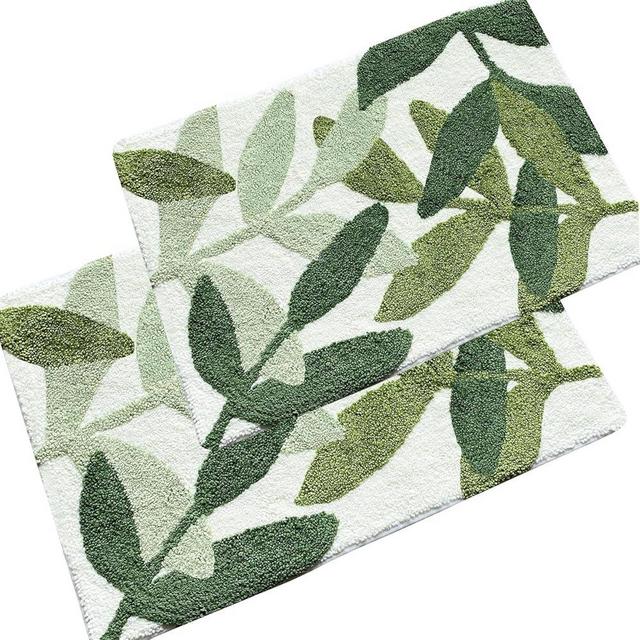 ZebraSmile Bathroom Rugs - Green Bathroom Rug Set 2 Piece, Green Bath Mat Set of 2 Leaf Bath Rug Bathroom Mat (17.5"x 25.5"+19.5"x31.5")