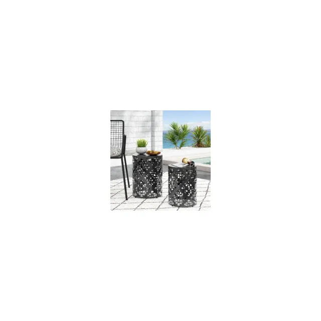 Lyngins 2-Pack Black Patio Side Table with Floral Cut Design, Cylindrical Outdoor End Table, Iron-cut Outdoor End Table for Patio