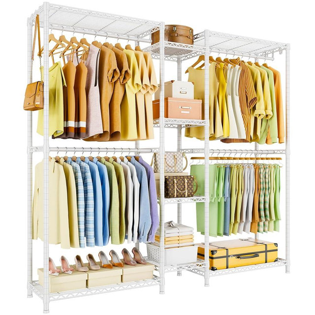 Ulif E4 Clothes Rack, Heavy-Duty Garment Rack, Metal Freestanding Clothing Organization Storage System Can Be L-shaped with Shelves and Hangers, Max Load 962lbs, 71.6" W x 14.5" D x 79.3" H, White