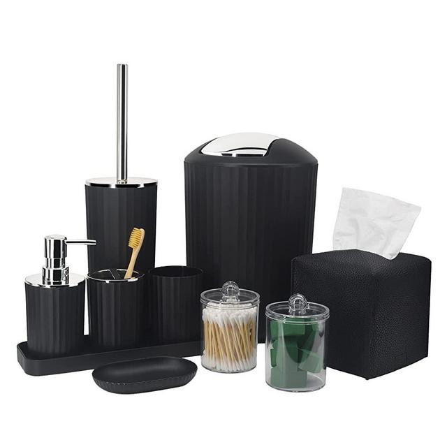 Bathroom Accessory Set - 10 Piece Black Bathroom Accessories Set with Trash Can, Toothbrush Holder and Cup, Soap Dispenser, Soap Dish, Toilet Brush Holder, Vanity Tray, Qtip Holder, Tissue Box Cover