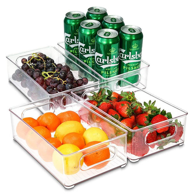JAYDE ORGANIZER BINS – Set of 4 Clear Plastic Storage Containers –Stackable Fridge, Freezer and Pantry Storage Bins with Cutout Handles for Organization and Storage– Functional and Practical Design