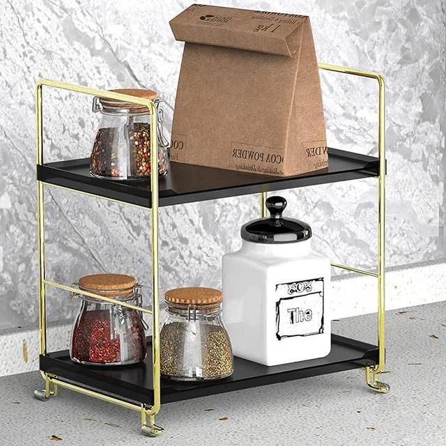 2-Tier Kitchen Spice Rack - Freestanding Stackable Organizer Shelf - Bathroom Organizer Countertop Storage Shelf - Cosmetic Organizer Holder- Square Standing Rack (Golden&Black)