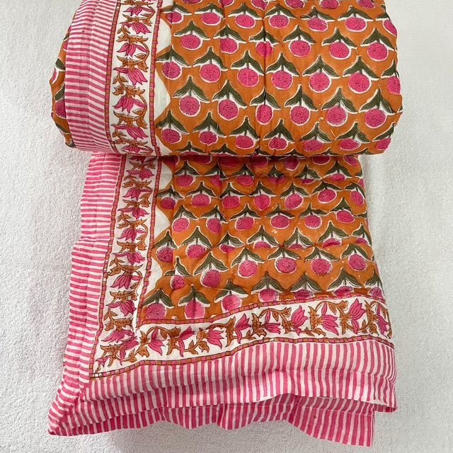Indian Cotton Handmade Quilted Razai, Floral Hand Block Print Winter Warm Razai Quilt Throw Bedspread Queen Size Blanket Doctor Cotton Quilt