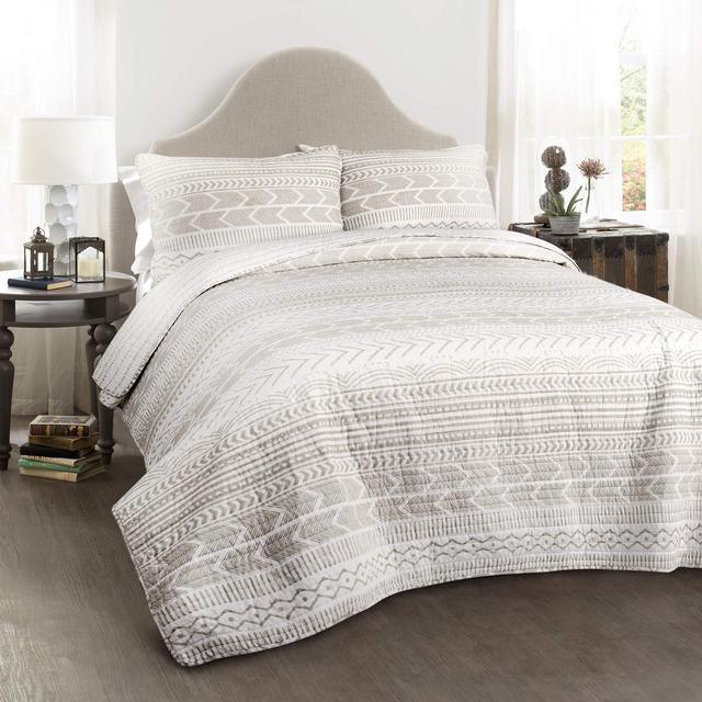 Lush Decor Hygge Geo 3 Piece Quilt Set, King, Taupe White