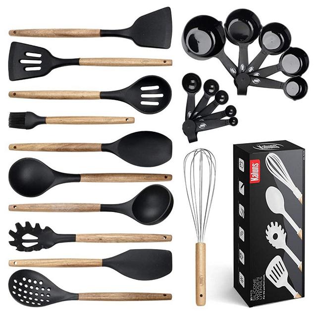 Kitchen Utensils Set, 21 Wood and Silicone Cooking Utensil Set, Non-Stick and Heat Resistant Kitchen Utensil Set, Kitchen Tools (Black)