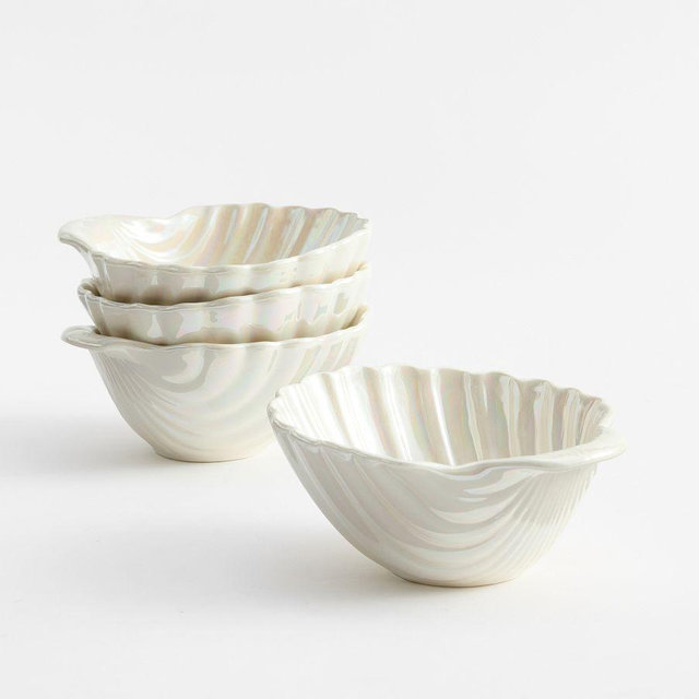 Pearlescent Shell Stoneware Cereal Bowls, Set of 4 - White