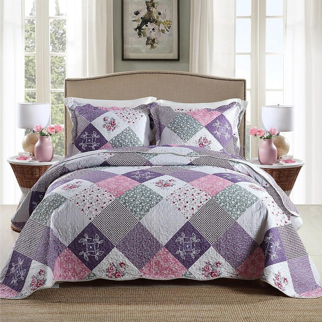 HoneiLife Quilt Set King Size - 3 Piece Microfiber Quilts Reversible Bedspreads Patchwork Coverlets Floral Bedding Set All Season Quilts-Little Rose,Purple