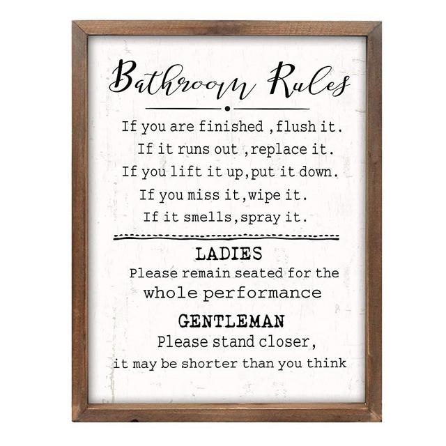 Wartter Rustic Bathroom Rules Sign,Farmhouse Toilet Wall Decor,Funny Bathroom Wood Framed Wall Art Decorations(11.8x15.8in) (White)