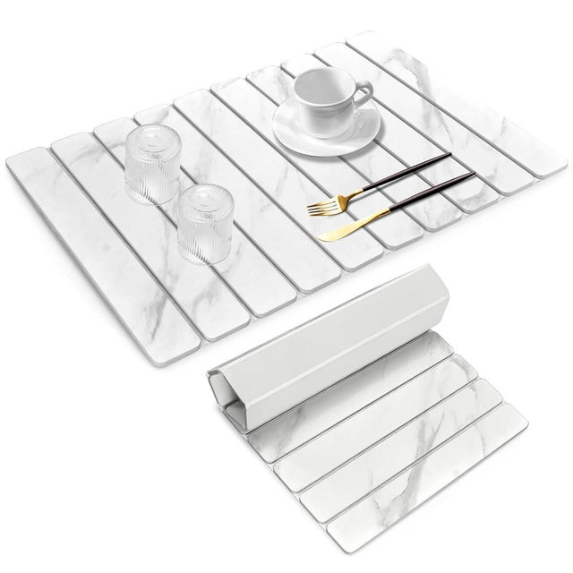 Large Stone Dish Drying Mats for Kitchen Counter, 24"×16" Marble-Pattern, Fast Drying Collapsible Dish Drying Mat, Eco-Friendly Absorbent Diatomaceous Earth Mats for Tableware, Match Countertop