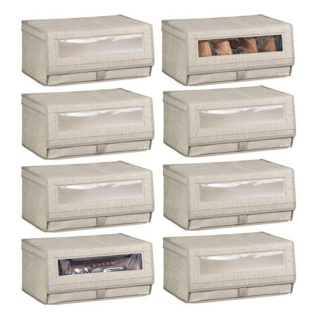 mDesign Stackable Fabric Closet Storage Organizer Shoe Box Bin - Modern Holder for Storing Men's and Women's Dress Shoes, Boots, Pumps, Sandals, Flats - Window, Hinged Lid - Large, 8 Pack - Linen/Tan
