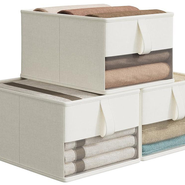 Foldable Storage Bins with Clear Window, Fabric Organizer for Closet, Shelves & Cubes - Breathable, Odor-Free Storage Boxes for Towels, Clothes, Toys, Books - 16.25 * 12 * 10in, White, 3-Pack