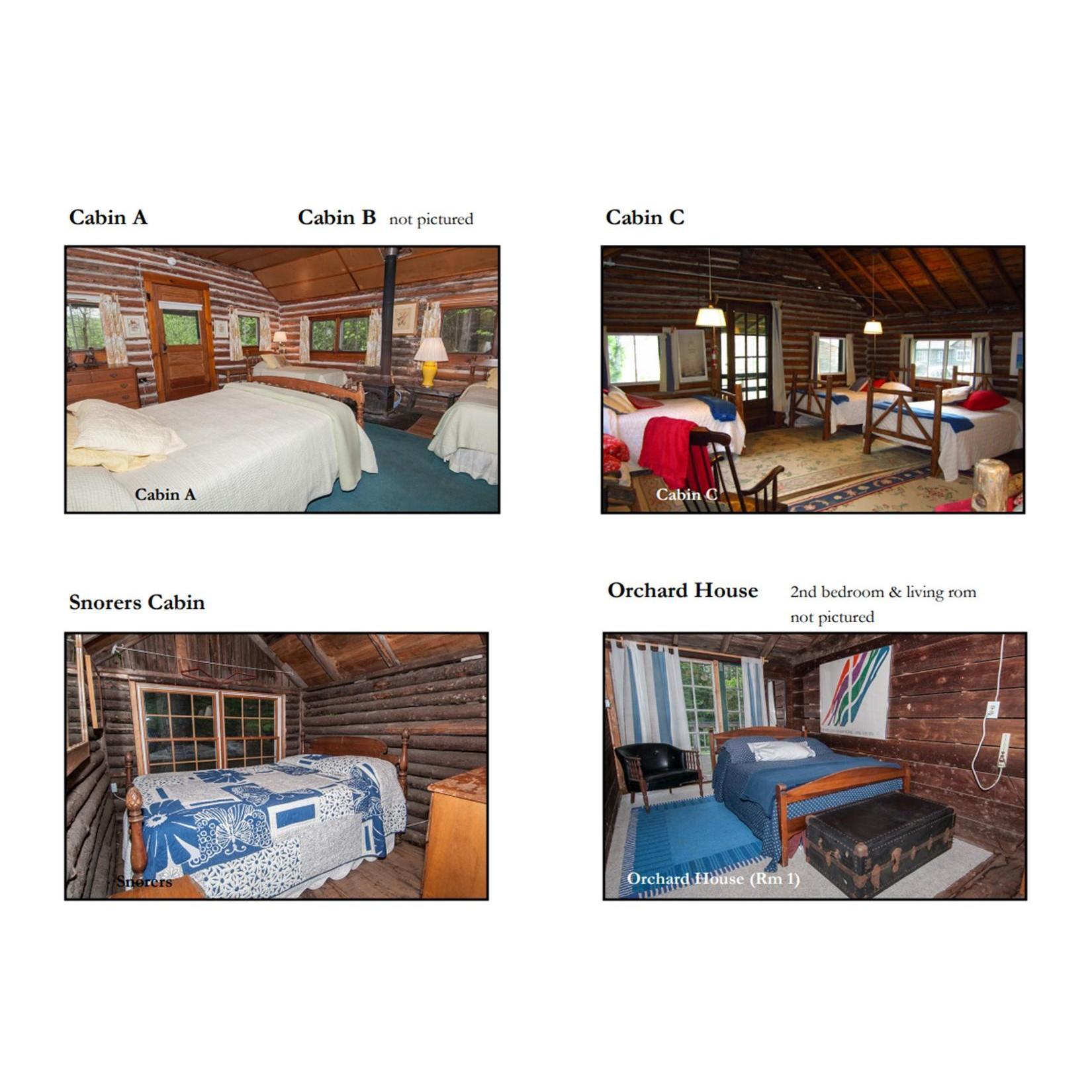 Cabin A, Cabin C, Snorers Cabin and Orchard House Room 1