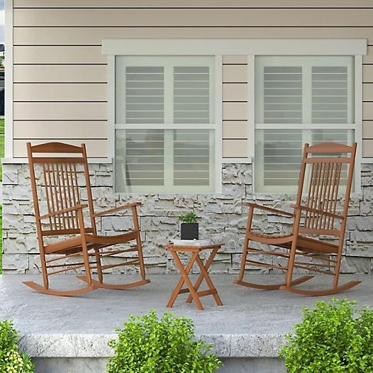 Veikous 3-Piece Wood Outdoor Rocking Chairs with Curved Seat and High Backrest