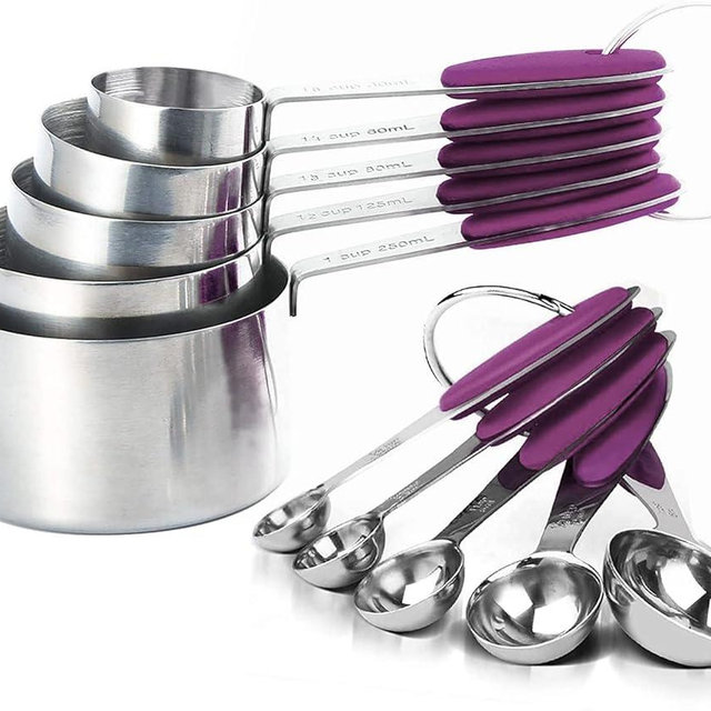 Measuring Spoons and Cups Set of 10 Pieces, Stainless Steel Utensils with BPA-Free Silicone Grips for Liquid & Dry Ingredients, Metal Scale for Kitchen Cooking Baking, Dishwasher-Safe, Purple