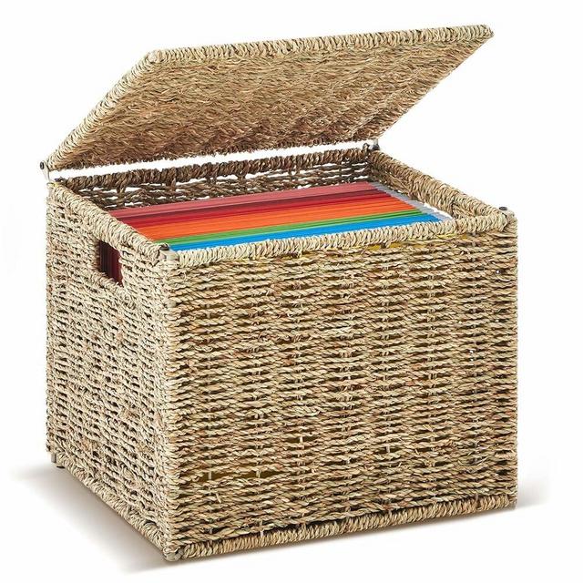 Marspark Seagrass File Storage Box Organizers Decorative File Baskets for Hanging Folders Portable Collapsible Letter Size Document Filing Cabinet with Lid for Office Decor Home,Natural