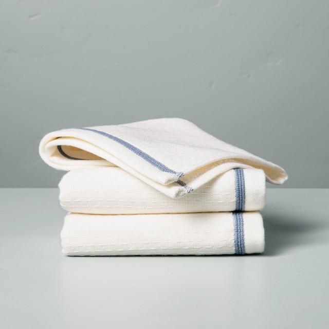 3pk Textured Border Stitch Washcloth Set Sour Cream/Faded Blue - Hearth & Hand™ with Magnolia