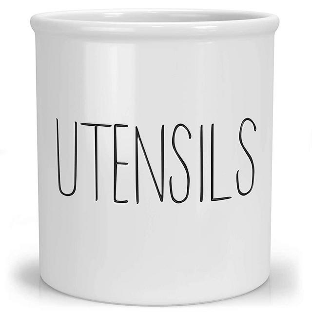 Barnyard Designs Ceramic Utensil Crock Holder for Kitchen Counter, Rustic Farmhouse Countertop Decor, French Country Organizer Caddy for Cooking Utensils, Spatulas and Mixing Spoons, White, 5.5” x 6”
