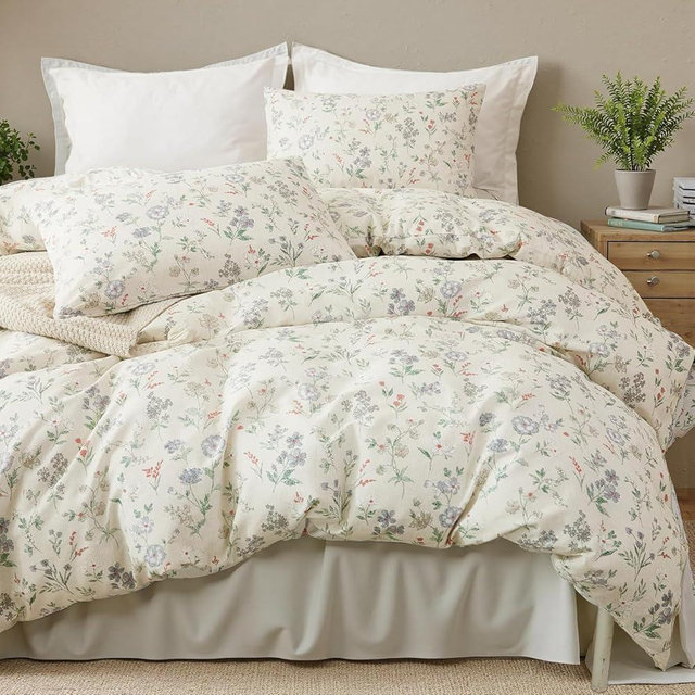 EAVD Vintage Style Floral Duvet Cover Queen Soft 100% Cotton Chic Shabby Garden Floral Bedding Set with 2 Pillowcases Fresh Cottagecore Botanical Comforter Cover with Zipper Closure
