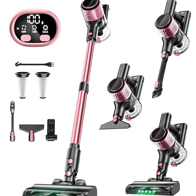 Cordless Vacuum Cleaner, 8 in 1 Vacuum Cleaner for Home with LED Display, 3 Suction Modes, 45mins Runtime Lightweight Stick Vacuum for Home Hardwood Floor, Pet Hair, Carpet (Pink)
