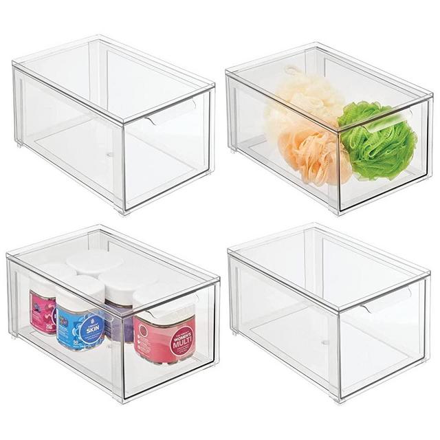 mDesign Plastic Stackable Bathroom Storage Box with Pull-Out Drawer - Container for Organizing Hand Soaps, Body Wash, Shampoos, Lotion, Conditioners, Hand Towels, Hair Accessories - 4 Pack - Clear