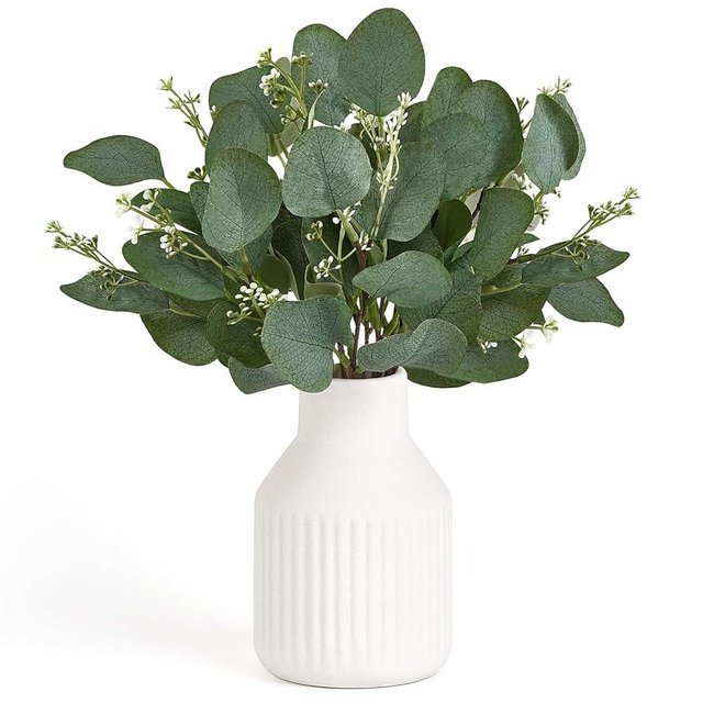 Dahey Artificial Eucalyptus Stems in White Ceramic Vase Centerpiece Table Decorations Modern Farmhouse Decor Fake Plants with Vase for Bathroom Kitchen Shelf Living Room Greenery Decor, 4 inches