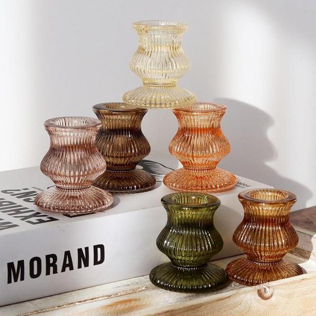 WDHODEC Taper Candle Holders 12PCS Glass Candlestick Holders for Table Centerpiece Vintage Colorful Candle Sticks for Wedding, Party and Festival Decoration(Brown)
