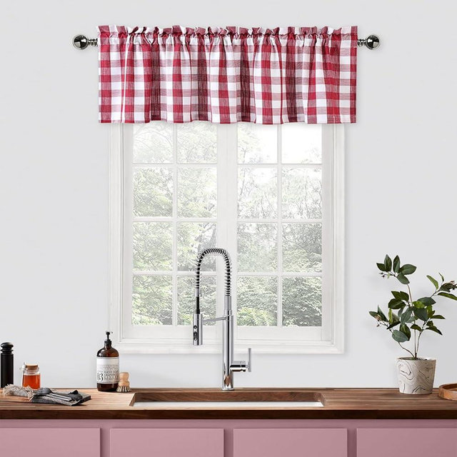 Bapawfish Red and White Buffalo Check Kitchen Curtain Valances for Windows,Burgundy Plaid Gingham Valance for Bathroom Rod Pocket Cafe Curtains, 55" x 15", Red/White