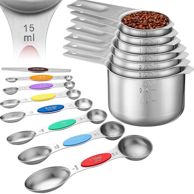 E-HQCLIFE Measuring cups and spoons set, 304 Stainless steel measuring cups, 8 Pcs magnetic measuring spoons, 7 Pcs metal measuring cups for Cooking & Baking