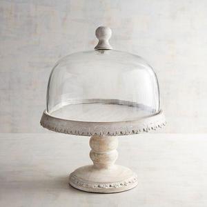 Emma Whitewashed Wooden Cake Stand With Dome, Large