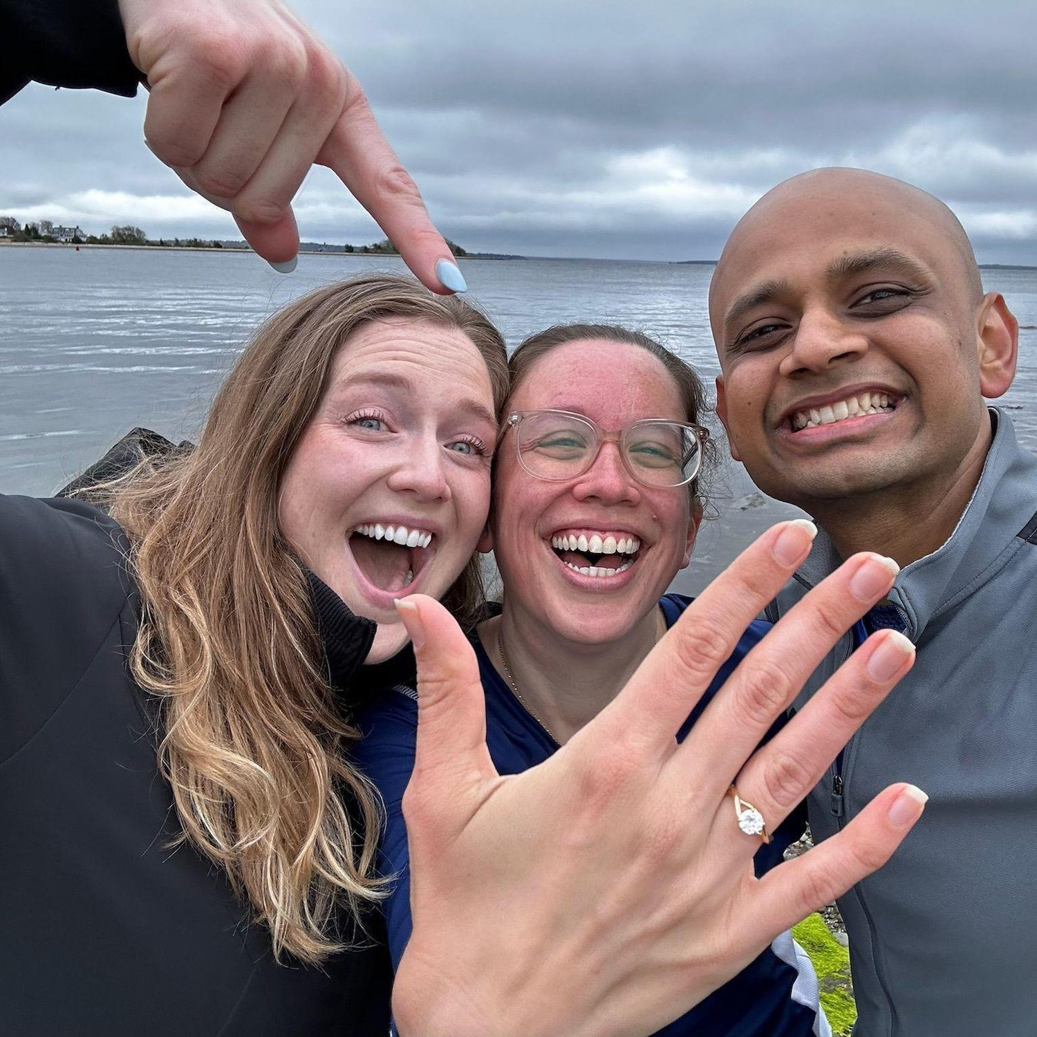 May 5, 2024: Anuj proposed to Heather in her favorite place: Jacob's Point in Warren, RI. And Emily popped up from Philly to join the surprise!