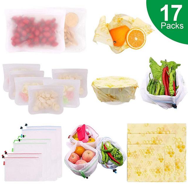 Beeswax Food Wrap (3 Pcs), Reusable Sandwich Bags (2 Large & 6 Medium) & Reusable Produce Bags (2 Large, 2 Medium & 2 Small) - Beeswax Wrap, Snacks Bags, Grocery Mesh Bag, Washable,Clear,Set of 17 Pcs