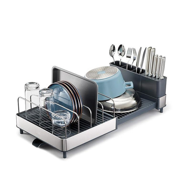 Joseph Joseph Extend Max Steel Expanding Dish Drainer Rack, with high Capacity Large for Items, Cutlery and Knife Holder, Swivel Draining Spout, Stainless Steel