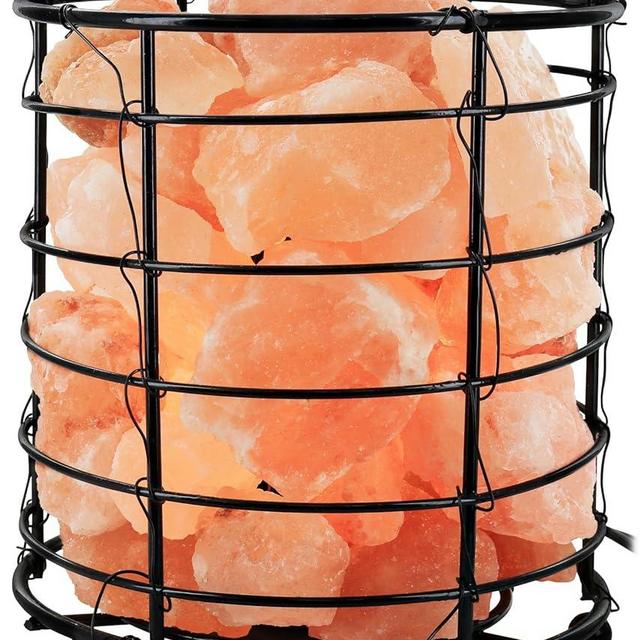 Greenco Hand Crafted Natural Himalayan Flat Wire Basket Salt Lamp with Salt Chunks on Wooden Base with Electric Wire, Dimmer Control & Bulb.
