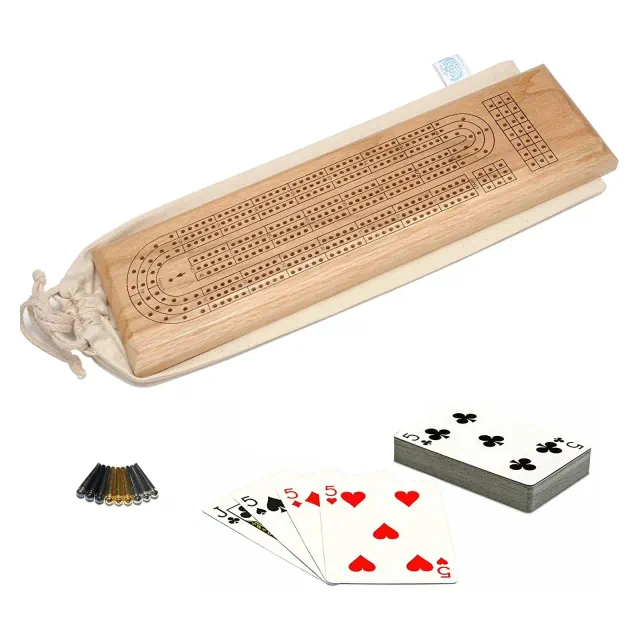 WE Games Deluxe Cribbage Set - Solid Oak Wood Continuous 3 Track Board