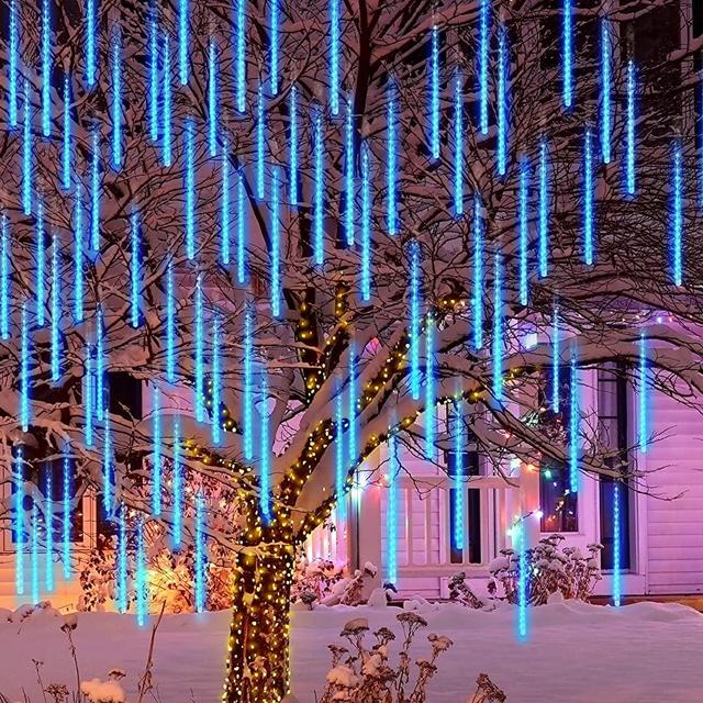 Joiedomi 2 Packs Christmas Meteor Shower Lights Falling Rain Drop Icicle String Lights 240 LEDs 8 Tube 30cm/12inch Blue for Christmas Holiday Party Home Patio Outdoor Decoration