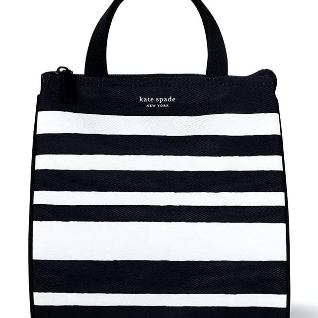 Kate Spade New York Black Portable Soft Cooler Lunch Bag, Thermal Tote with Silver Insulated Interior Lining and Storage Pocket, Sarah Stripe