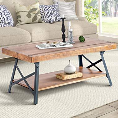 Harper&Bright Designs WF036984DAA 43" Lindor Collection Wood Coffee Table with Metal Legs,Living Room Set/Rustic Brown, 43.3”L x 21.65”W x 18.34”H,
