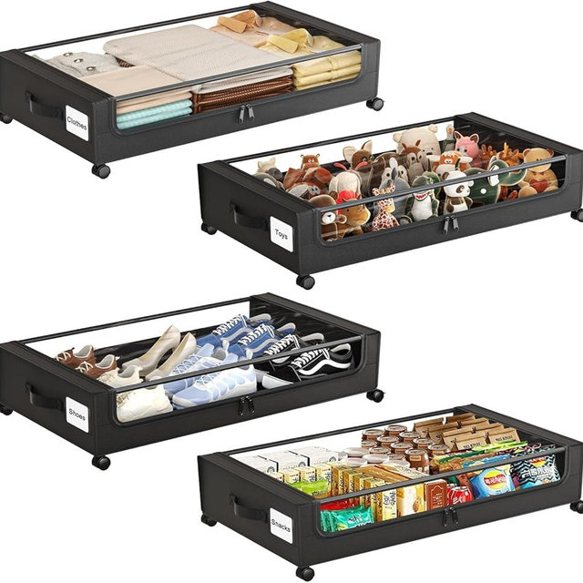 GoFujuco Under Bed Storage with Wheels,Under Bed Storage Containers with Clear Lids, Under-Bed Organizers for Clothes, Shoes – Durable Storage Bins with Smooth Rolling Wheels (Black, 4 Pack)