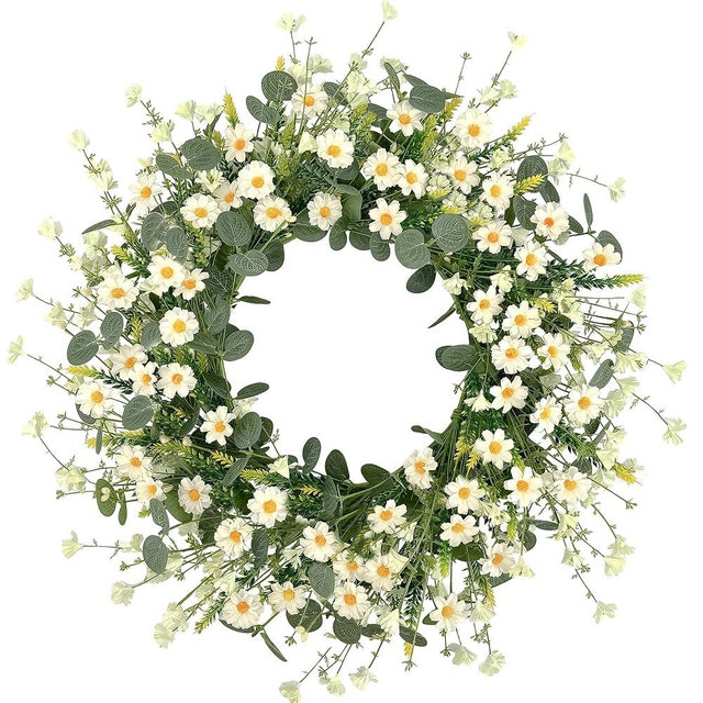 Pinkpum Spring Daisy Wreath for Front Door, White Artificial Floral Wreath with Eucalyptus Leaves 22 Inch, Farmhouse Wedding Wall Window Decor Gift