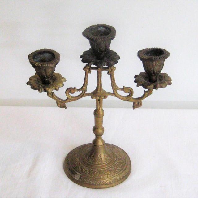 Ornate brass candelabra, heavy metal candlestick holder, holds 3 taper candles, decorative centerpiece, filigree mid century farmhouse decor