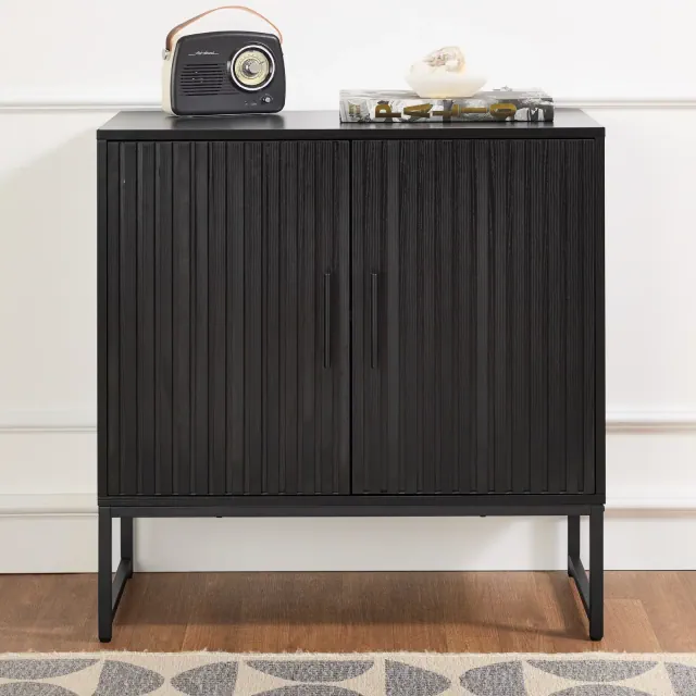 Best Choice Products 2-Door Slatted Storage Cabinet, Accent Furniture w/ Non-Scratch Foot Pads - Black