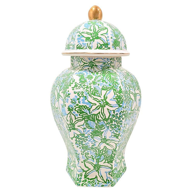 Lilly Pulitzer Ginger Jar with Lid, 12" Tall Blue and Green Decor, Chinoiserie Vase/Decorative Jar for Home Decor (Garden Glisten)