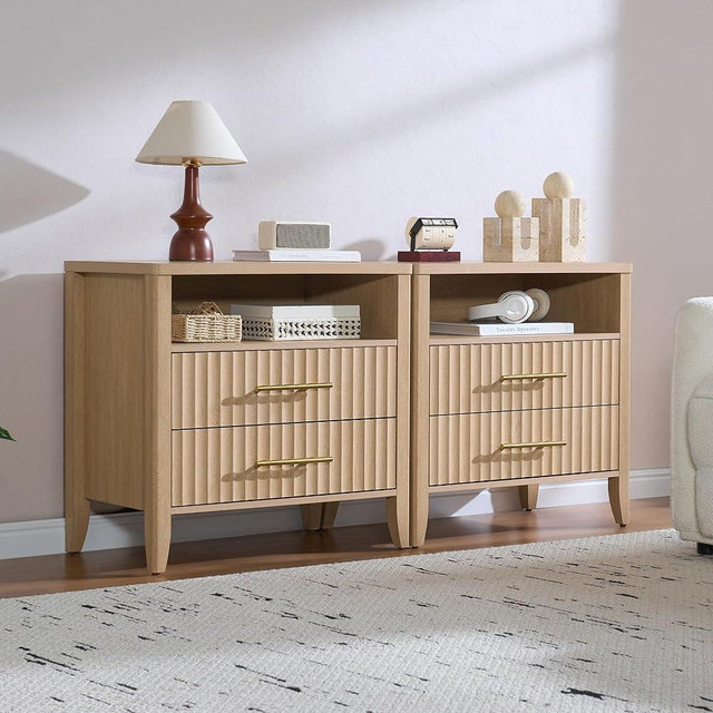 NOWABAY Fluted Nightstand with 2 Drawers, 27" Modern Nightstands Set of 2 with Storage, Large Queen Size Bed Side Table and End Table for Bedroom, Living Room, Office,(Natural Oak,2 Pieces)