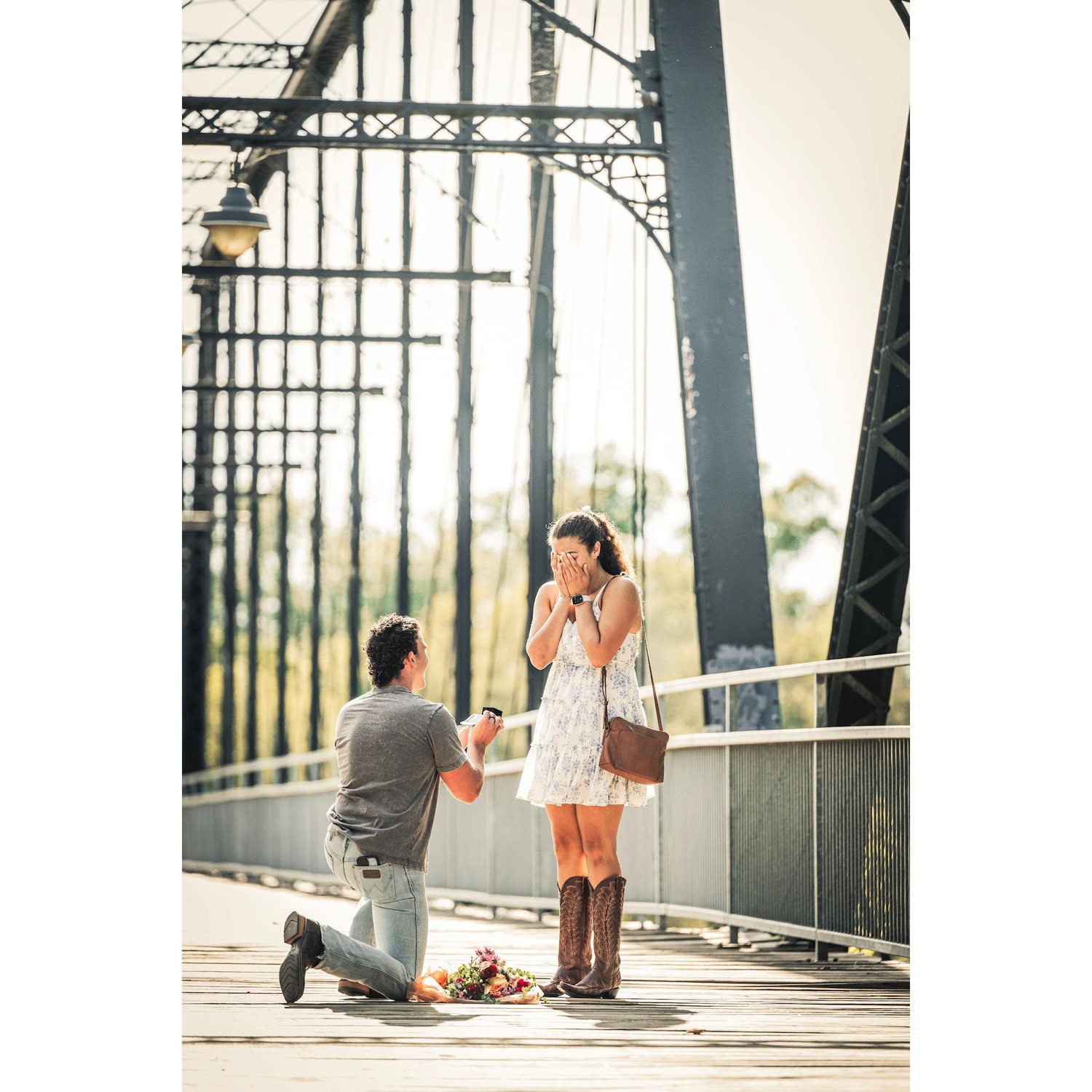August 31st, 2024. The day after Zeta turned 20 we went to Gruene, TX with our friends. They all sneakily distracted me and we found ourselves at Faust St bridge where he popped the question!