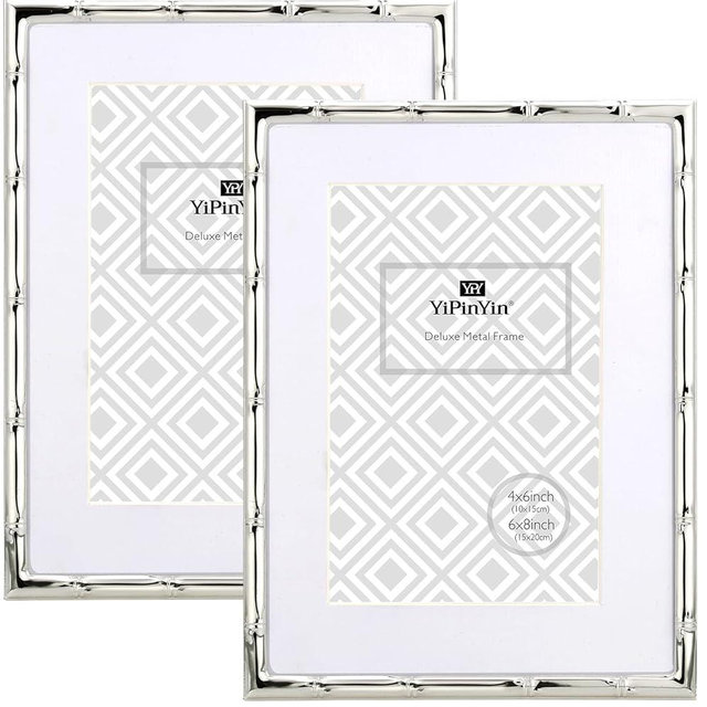YiPinYin 6x8'' Bamboo Detail Silver Metal Picture Frame 2pack, 6x8'' Narrow Silver Plated Photo Frames With Mat for 4x6'‘, Frames with Soft Touch Velvet Backing for Desktop and Wall Décor(Silver)